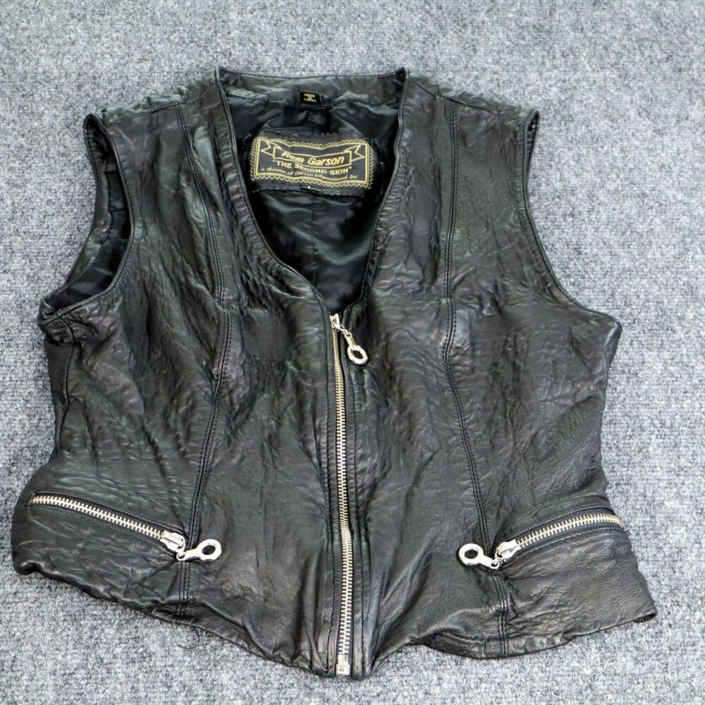 Vintage Rem Garson "The Second Skin" Black Leather Zip Vest Biker Goth Women's L